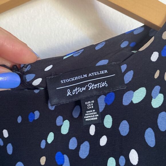 & Other Stories Navy Midi Dress w/ Multicolor Polka Dots and Wrap Waist Size 8 - Picture 9 of 14